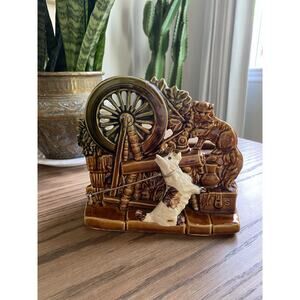 Vintage 1950s McCoy Pottery Planter Spinning Wheel Scottie Dog And Cat